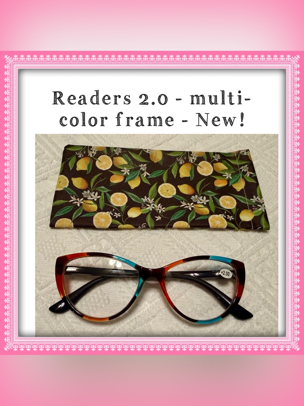 Reading eye glasses & case +2.0 mag - multi-color frame - blue orange black NEW!